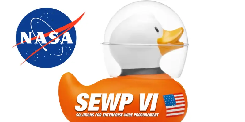 Orange rubber duck wearing a space helmet and suit, beside the NASA logo, promoting SEWP VI procurement program.