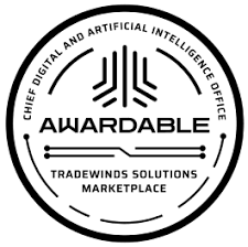 Circular badge logo with 'AWARDABLE' at center, decorative vertical lines above, and 'Tradewinds Solutions Marketplace' text at the bottom; outer ring mentions digital and AI leadership.